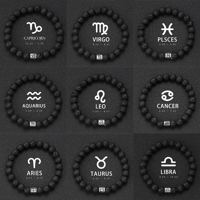 Brățară Talisman Zodiac pentru Bărbați – Piatră Vulcanică Naturală & Noroc 8mm