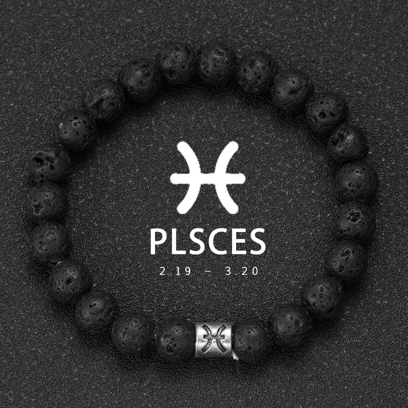 Brățară Talisman Zodiac pentru Bărbați – Piatră Vulcanică Naturală & Noroc 8mm