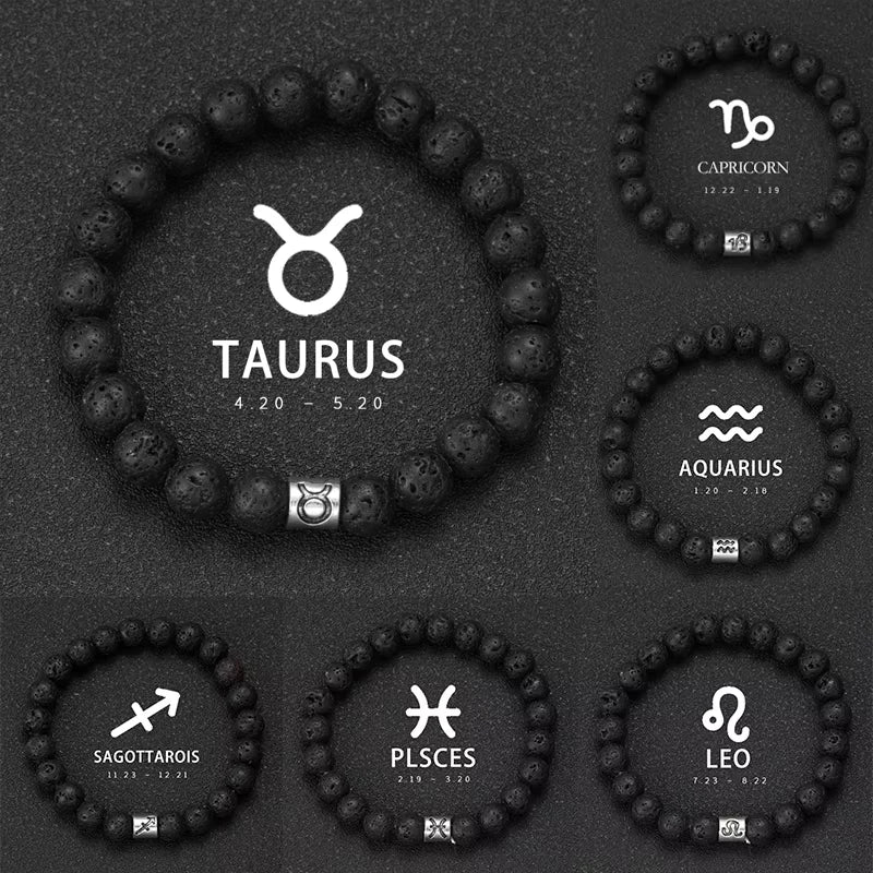 Brățară Talisman Zodiac pentru Bărbați – Piatră Vulcanică Naturală & Noroc 8mm